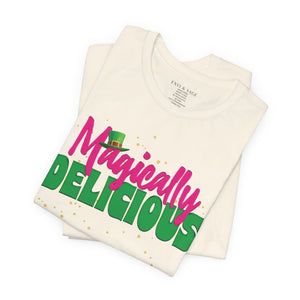 Gold t-shirt with 'Magically Delicious Funny St. Patrick's Day' design on a white background