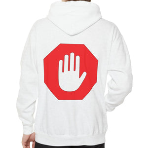 Person wearing a white hoodie with a red stop sign symbol on the back against a white background