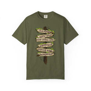 Periwinkle t-shirt with 'Horror Road Sign Halloween' design on a white background