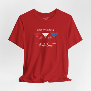 Baby blue t-shirt with 'Red White and Fabulous Patriotic Martini July 4th' design on a white background