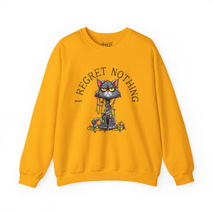 Yellow sweatshirt with a graphic of a cat tangled in Christmas lights and text the says 'I Regret Nothing'.