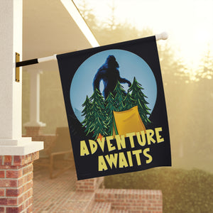 Garden flag with 'Adventure Awaits Bigfoot Camping Funny' design