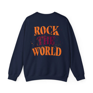 The back of a blue sweatshirt that says Rock the World on a white background.