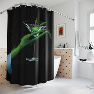Shower curtain with 'Grinch Christmas Bath' pattern in a bathroom setting