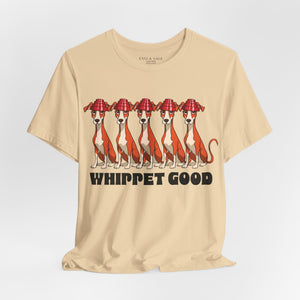 Orange t-shirt with 'Whippet Good Devo 80's Music Funny' design on a white background