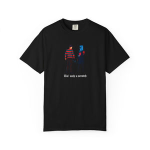 Black t-shirt with graphic design and text on a white background