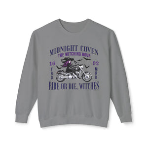 Hydrangea sweatshirt with 'Ride or Die Witches Halloween' design on a plain background