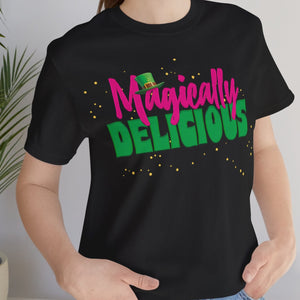 Gold t-shirt with 'Magically Delicious Funny St. Patrick's Day' design on a white background