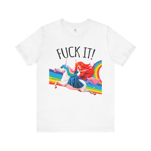 Team purple t-shirt with 'Rainbows & Unicorns Funny' design on a white background