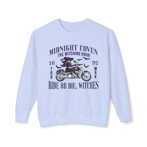 Yellow sweatshirt with 'Ride or Die Witches Halloween' design on a plain background