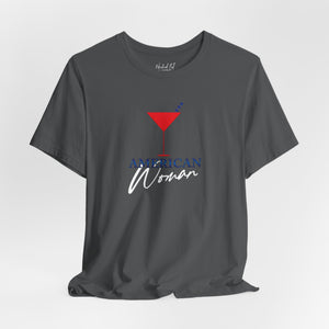 Soft cream t-shirt with 'American Woman Patriotic Martini July 4th' design on a white background