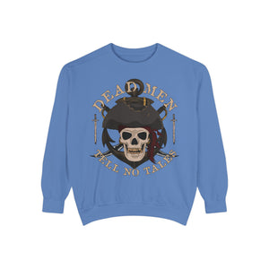 Violet sweatshirt with 'Dead Men Tell No Tales Pirate Skull' design on a plain background