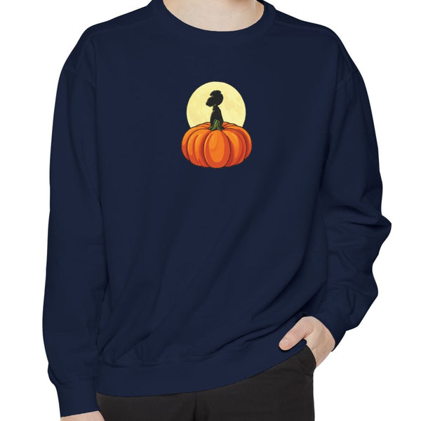 Person wearing a navy blue sweatshirt with a pumpkin design on a white background