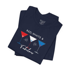 Gold t-shirt with 'Red White and Fabulous Patriotic Martini July 4th' design on a white background