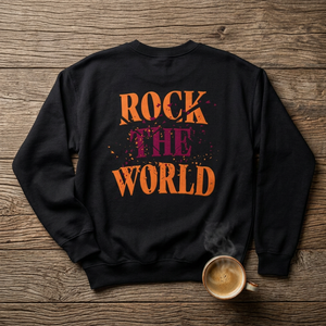 Flat lay image of The back of a black sweatshirt that says Rock the World and a coffee cup next to it.