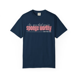 Yellow t-shirt with 'Sponge Worthy 90s Seinfeld Grunge' design on a white background