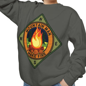Crimson sweatshirt with 'Mountain Man Men's Funny Camping' design on a plain background
