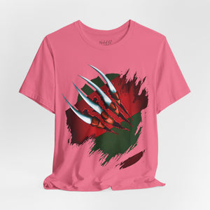Natural t-shirt with 'Nightmare on Elm Freddy Halloween' design on a white background