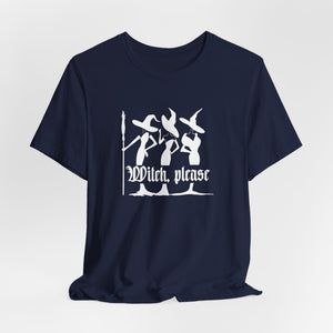 Navy Blue t-shirt with witch graphic and 'Witch Please' text on a white background