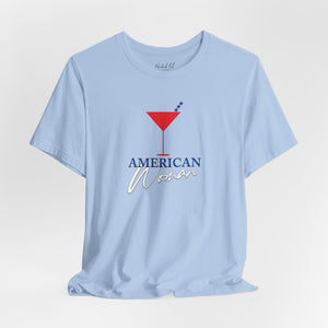 Dark gray t-shirt with 'American Woman Patriotic Martini July 4th' design on a white background