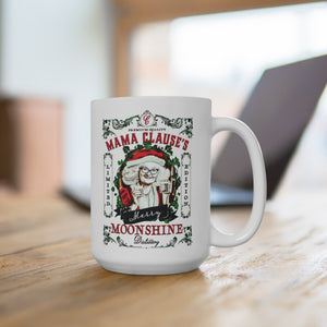 mug with 'Mama Clause Moonshine Christmas 15oz' graphic on a white background