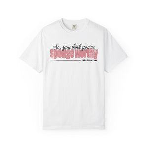 Pink t-shirt with 'Sponge Worthy 90s Seinfeld Grunge' design on a white background