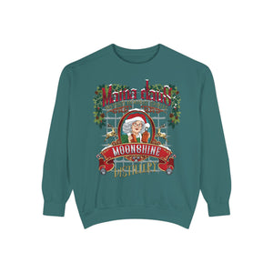 Teal sweatshirt with a festive design featuring a woman in a Santa hat and text on a white background