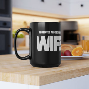 mug with 'Protected By Wife Funny Husband Gift' graphic on a white background