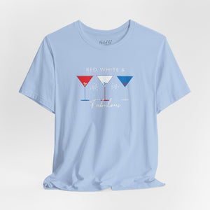 Black t-shirt with 'Red White and Fabulous Patriotic Martini July 4th' design on a white background