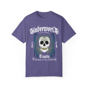 Yellow t-shirt with 'Tequila Lovers Sugar Skull' design on a white background