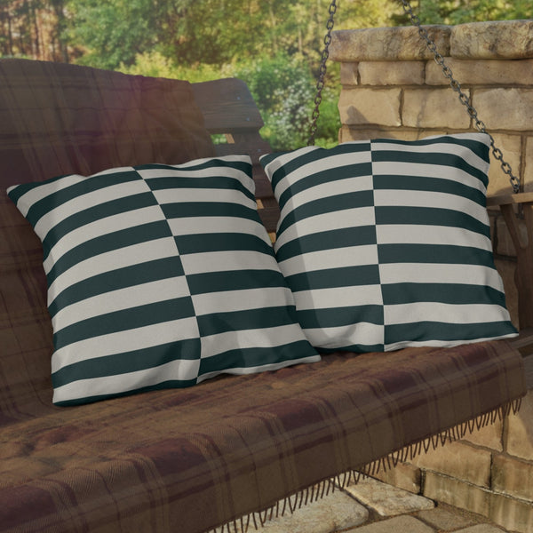 Dark Green and Ivory Striped Indoor Outdoor Throw Pillow