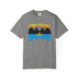 Gray t-shirt with 'Gone Fishing' graphic design on a white background