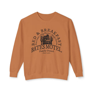 Blue jean sweatshirt with 'Bates Motel Halloween Fall' design on a plain background