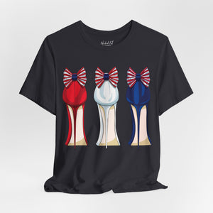 White t-shirt with 'Patriotic Fashion July 4th' design on a white background