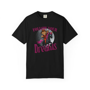 Black Halloween t-shirt with Freddy Kreuger on a black unicorn graphic and 'Follow Your Dreams' text on a white background