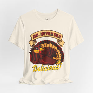 Black t-shirt with 'Mr. November Turkey Funny Thanksgiving' design on a white background