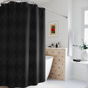 Black diamond-patterned shower curtain in a bathroom setting