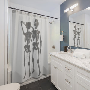 Shower curtain with 'Skeleton Couple' pattern in a bathroom setting