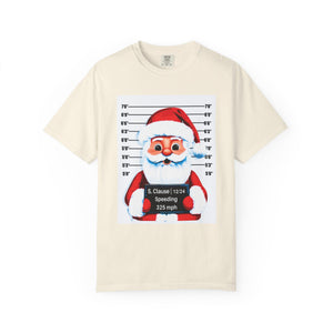 Beige t-shirt with a graphic of Santa Claus in a mugshot design on a white background