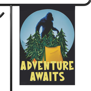 Garden flag with 'Adventure Awaits Bigfoot Camping Funny' design