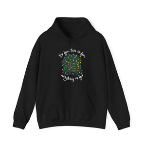 Black sweatshirt hoodie with a graphic of a ball of tangled Christmas lights and text that says 'It's fine, this is fine, everything is fine'.