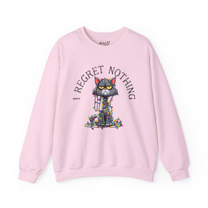 Light pink sweatshirt with a graphic of a cat tangled in Christmas lights and text the says 'I Regret Nothing'.