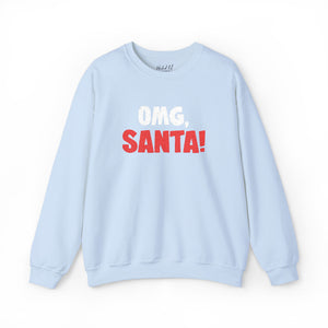 Light blue sweatshirt with red and white embroidered text 'Omg, Santa!'