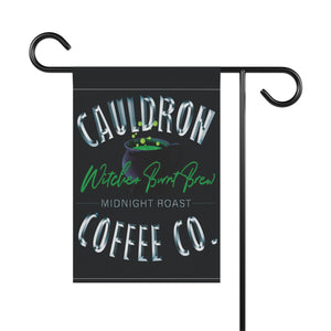 Garden flag with 'Witches Cauldron Coffee Company Halloween' design
