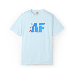 Light blue t-shirt with 'Patriotic AF' text on a white background