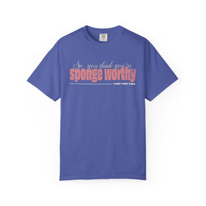 Orchid t-shirt with 'Sponge Worthy 90s Seinfeld Grunge' design on a white background