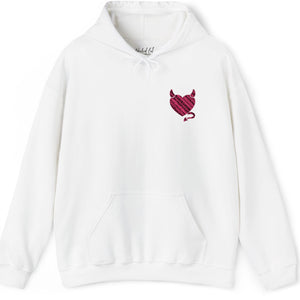 White hoodie with a red heart design on a white background
