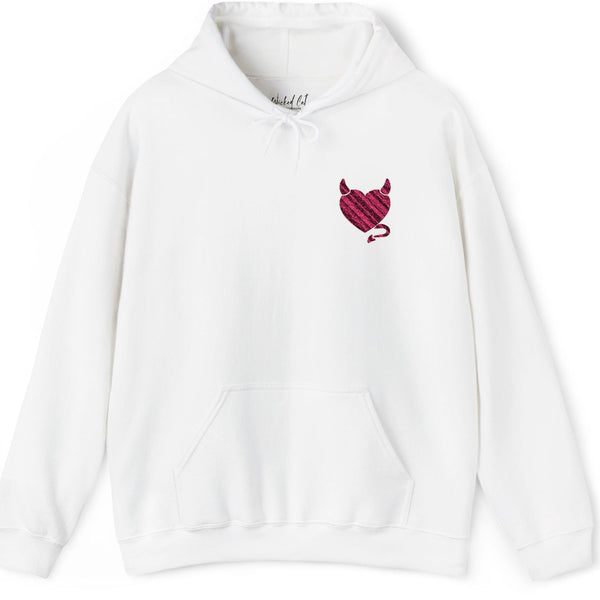 White hoodie with a red heart design on a white background