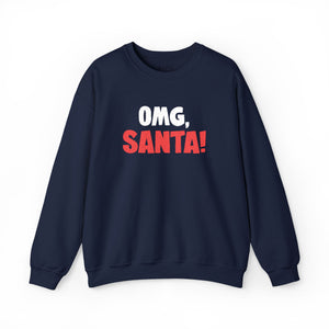 Navy blue sweatshirt with red and white embroidered text 'Omg, Santa!'