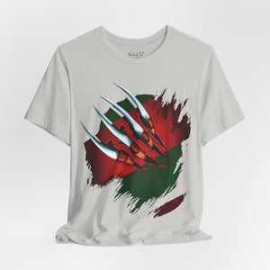 White t-shirt with 'Nightmare on Elm Freddy Halloween' design on a white background